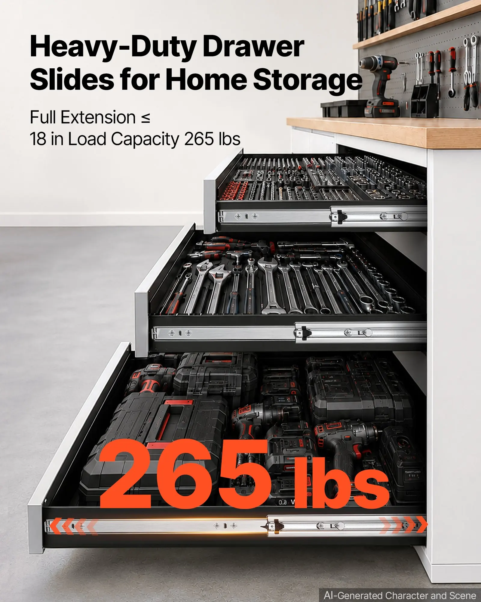Heavy-Duty Drawer Slides, 30 inch 265 lbs Load Side Mount Rails, 3-Fold Full Extension Ball Bearing Rails, 1 Pair, Kitchen, Workbench, RV, Carbon Steel, Featuring Screws & Nuts, Designed for Cabinets