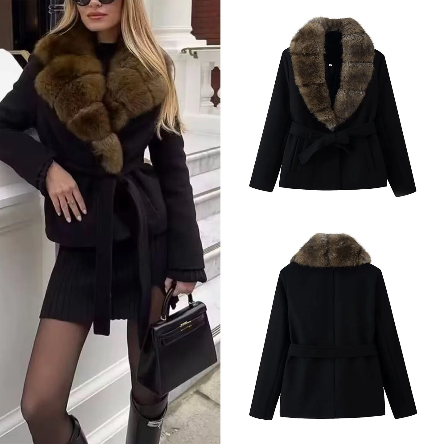 

2025 Autumn New Faion Women's Coat Personali Temperament Fur Collar Waist Cinched Belted Woolen Coat Outerwear