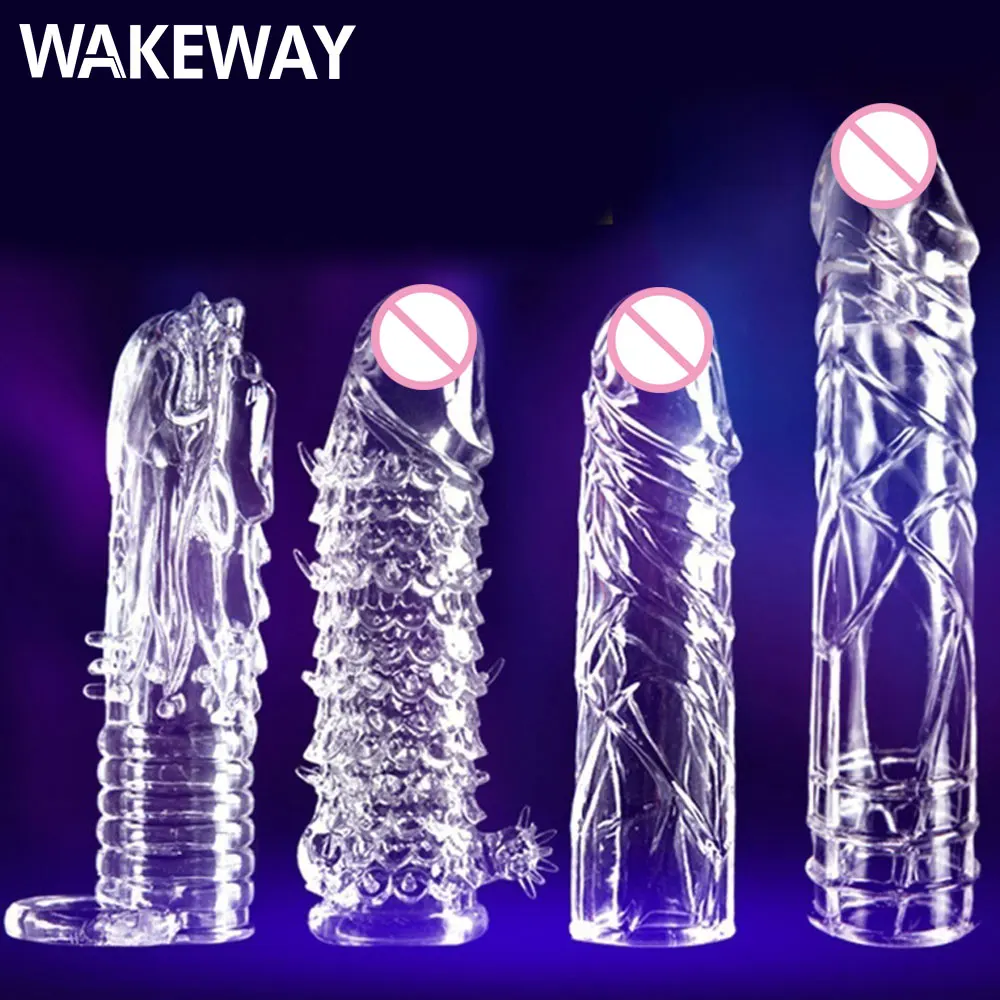 WAKEWAY 4 Types Thicken Penis Enlarge Sleeve Reusable Condom Cock Extender Delay Ejaculation Sex Toys for Men Intimate Goods