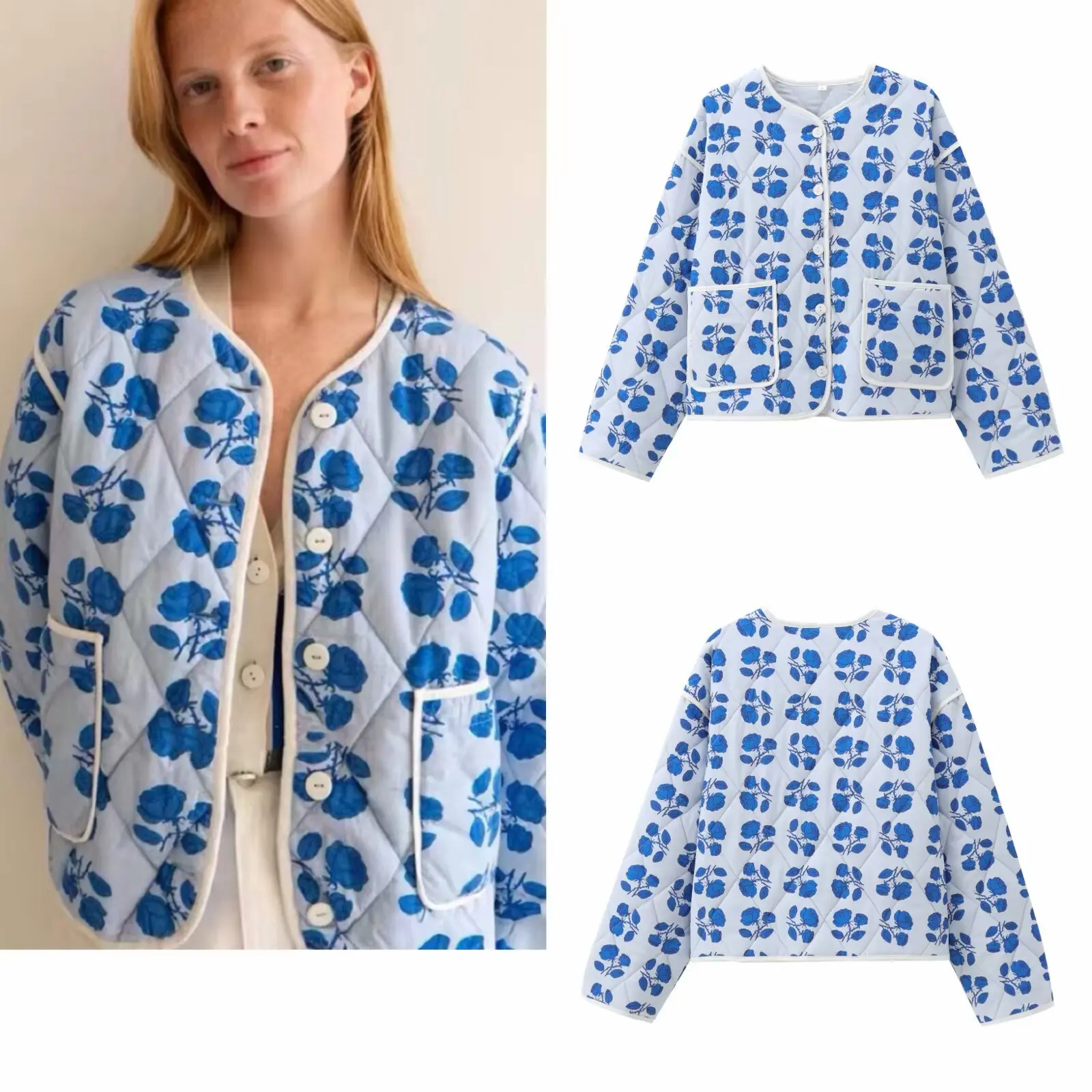 

Зимняя женская куртка-парка с принтом, синяя круглая куртка с большими карманами и пуговицами, женское стеганое пальто в Instagram-стиле, минималистичное женское пальто