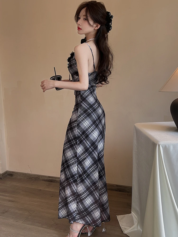 2025 noir Plaid maille Chic nœud col en v Sexy fronde robe femmes élégant luxe longue robe été coréen Vintage moulante robe de soirée