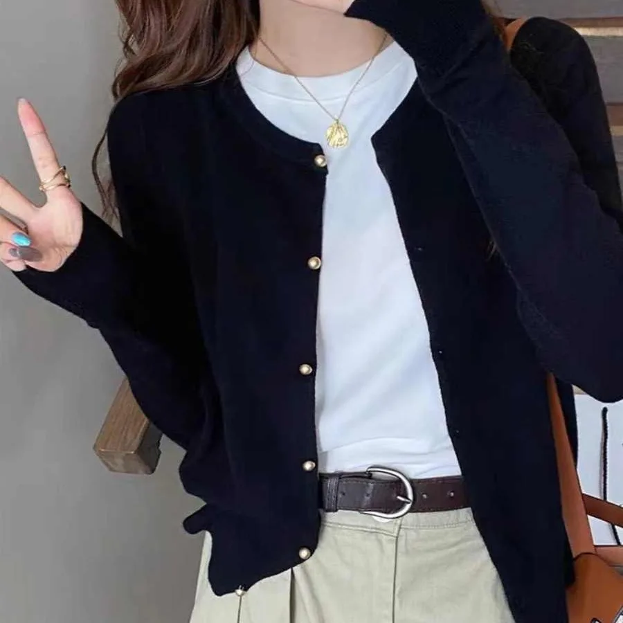 ニットセーター女性カーディガンファッション長袖 O ネック黒ニットセーターカーディガン女性トップスセーターセーターデ Mujer Q825