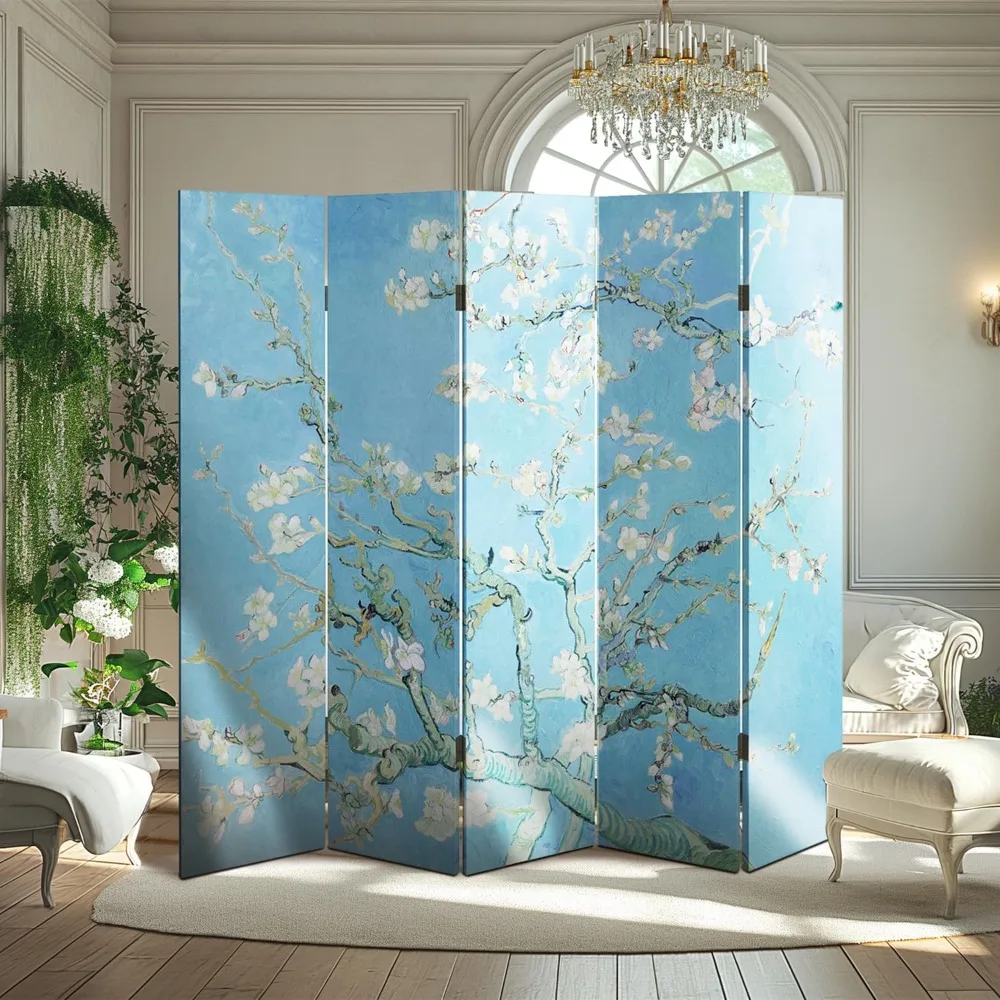 5-Panel Folding Room Divider Privacy Screen Van Gogh's Almond Blossoms Painting Canvas Foldable Portable Room Separating Divider