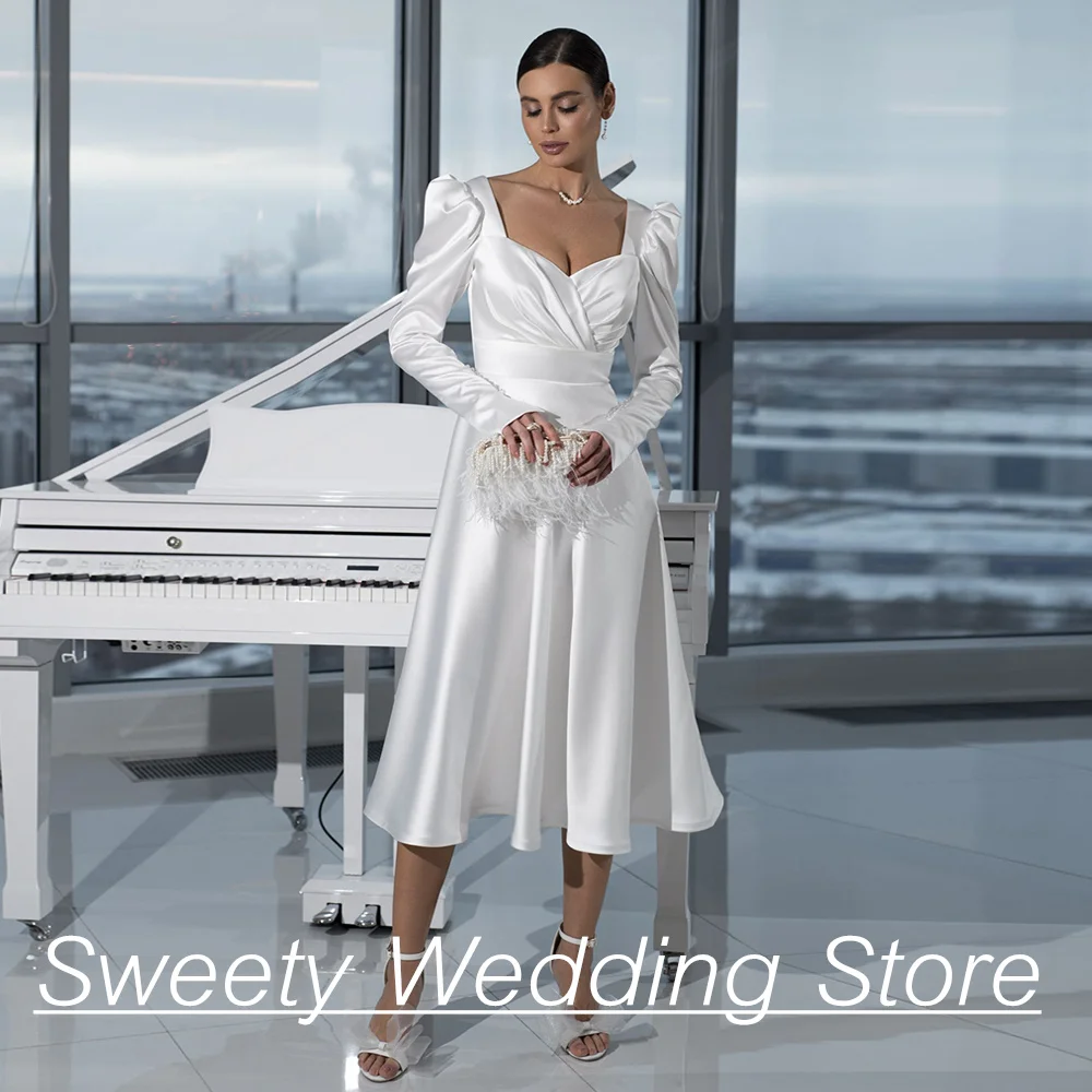 

Long Sleeves Satin Wedding Dress Robe De Mariage A Line Bridal Gown V Neck Pleat Size Adjustable Cocktail Bride Dresses