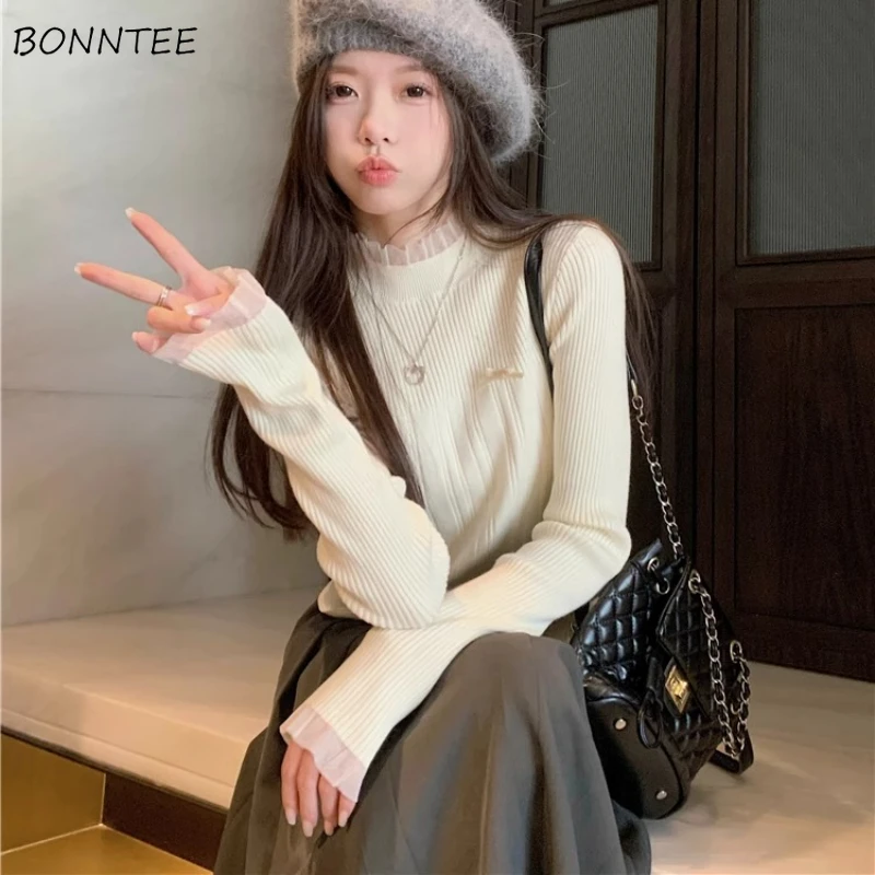 

Long Sleeve Knitted Pullovers Women Slim All-match Lace Patchwork Bow Design Tender Korean Style Свитер Женский Ulzzang Daily