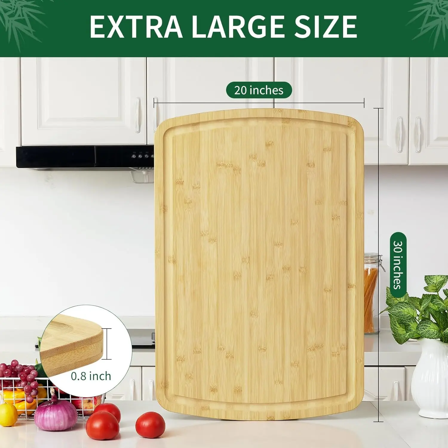 Bamboo Cutting Boards for Kitchen, Extra Large Wood Cutting Board with Deep Juice Groove and Handle Heavy Duty Chopping board, 30" x 20" Knife Friendly Serving Tray with Handles view 7