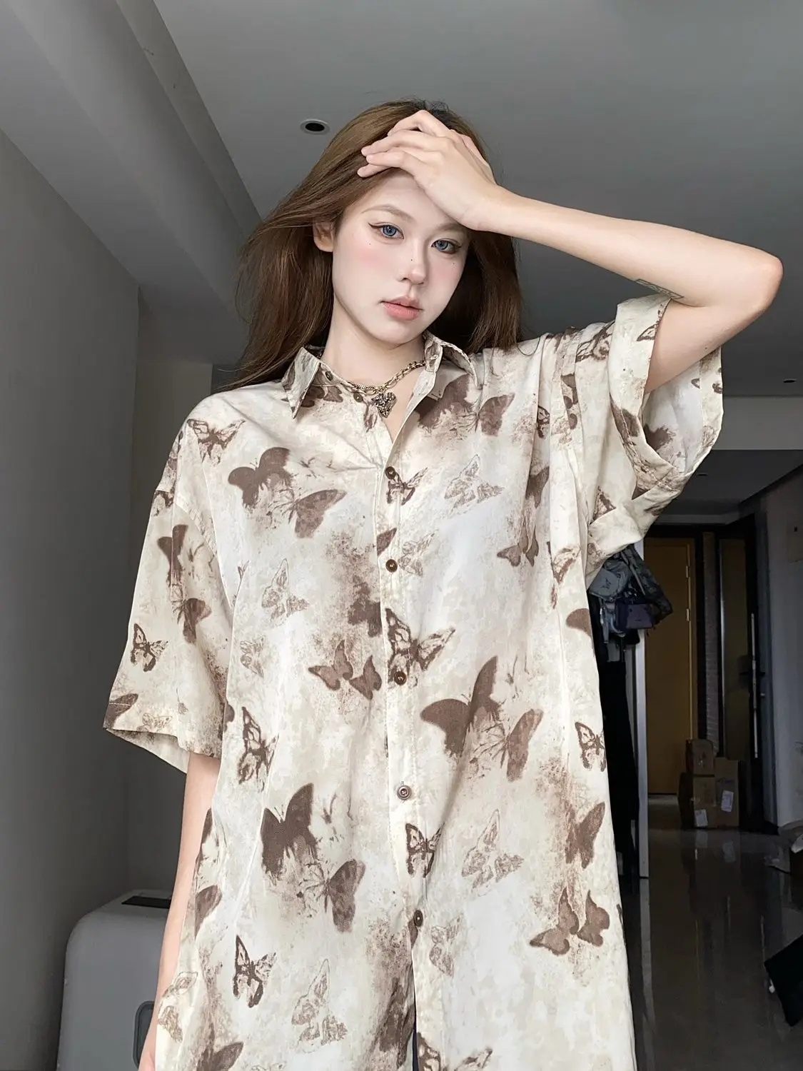 Summer Retro Style Butterfly Slack Shirt Short-sleeved Lazy Casual Loose Mid-length Style