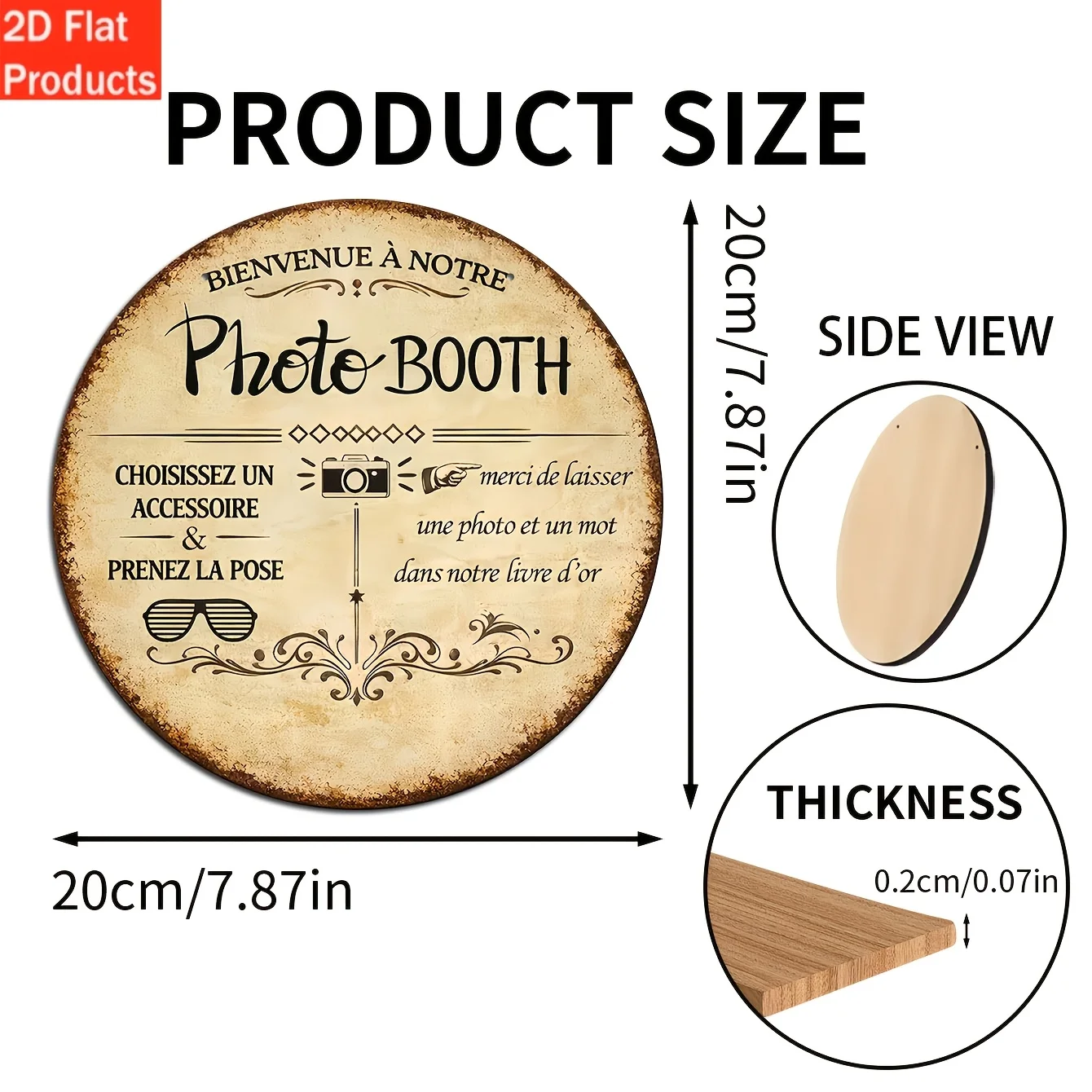 2D Flat, 2D Flat Decorative Sign & Plaque, 1pc Wooden Round Photo Booth Sign - Vintage French-Style/British-Style Wall Decor Pla