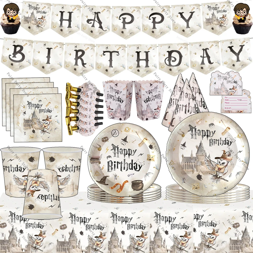 Ensemble de vaisselle jetable Harry Potter : Gobelets, Nappe, Serviettes, Décoration de gâteau, Sacs cadeaux, Décorations de fête d'anniversaire, Articles de fête