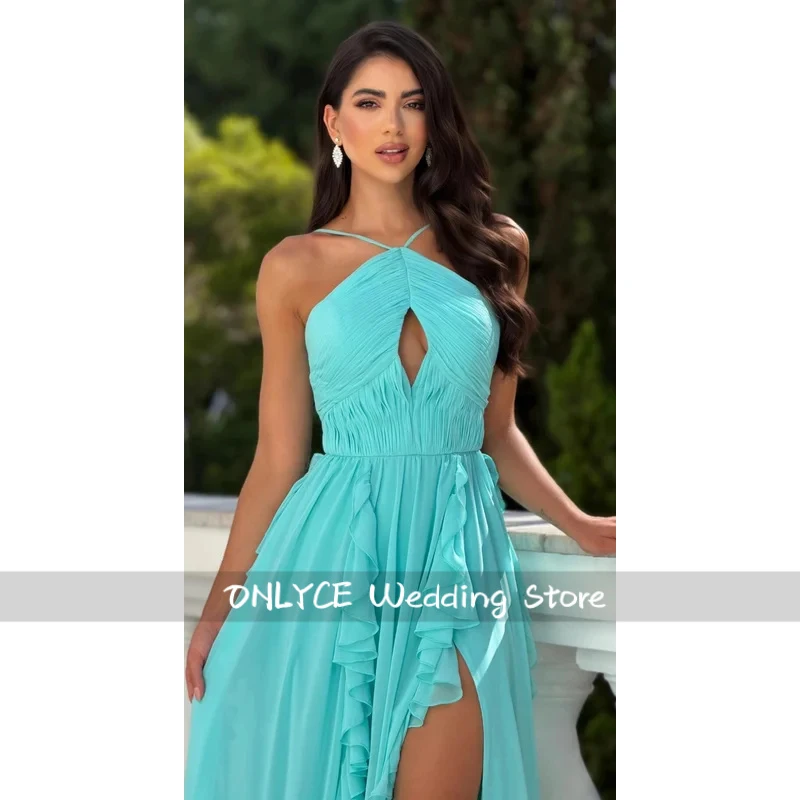 Customized Turquoise Chiffon Elegant Halter Neck Prom Dresses vestidos de noche Pleated Keyhole High Slit Formal Evening
