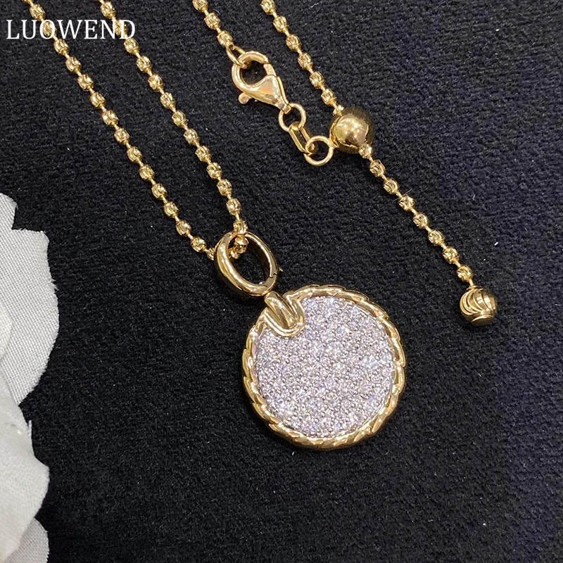 

LUOWEND 18K Yellow Gold Necklace Real Natural Diamond Pendant Cute Round Cake Shape Wearable on Both Sides Jewelry for Women