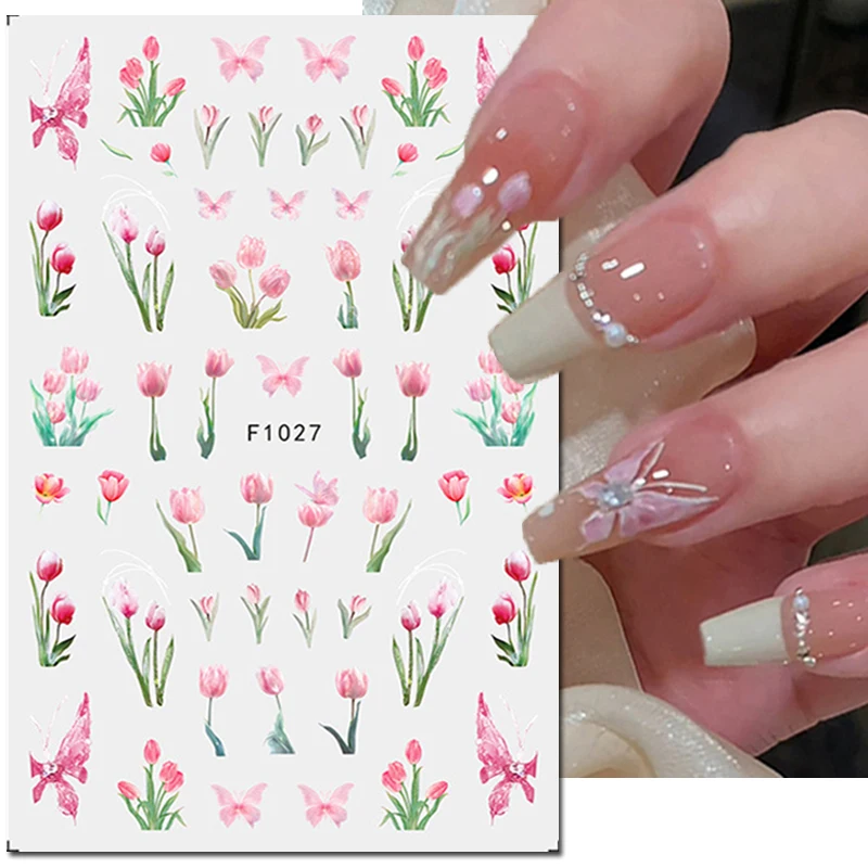 3d Nail Art Stickers Full Tips Pink Peony Flowers Leaves Adhesive Sliders Decals For Nails Decorations Manicure Accessories