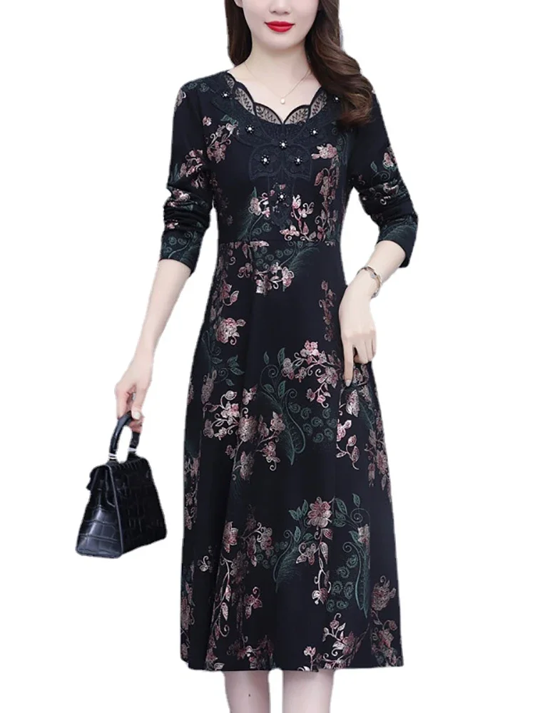 Autumn Winter Vintage Black Print Chic Prom Dress Women Elegant Luxury Night Midi Vestidos 2024 Plus Velvet Bodycon Party Dress