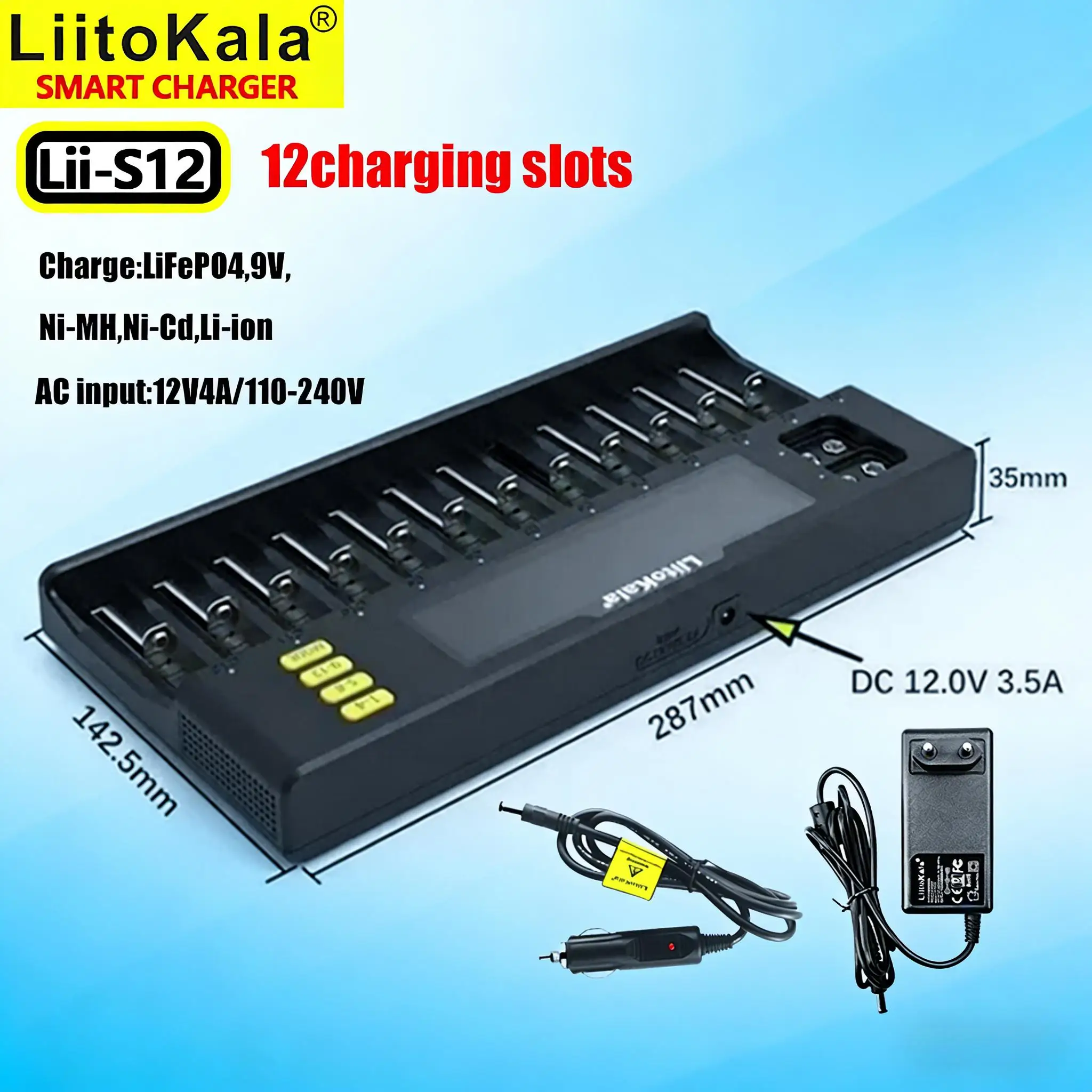Chargeur intelligent LiitoKala Lii-S12 à 12 baies pour LiFePO4/Li-ion/NiMH/NiCd, charge rapide, protection de sécurité, compatible avec 18650/26650/AA/AAA.