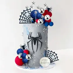 Spider Theme Cake Decor Glitter Spider Birthday Toppers Star Red Silver Blue Balls Cupcake Topper for Boys Men Baby Shower Party