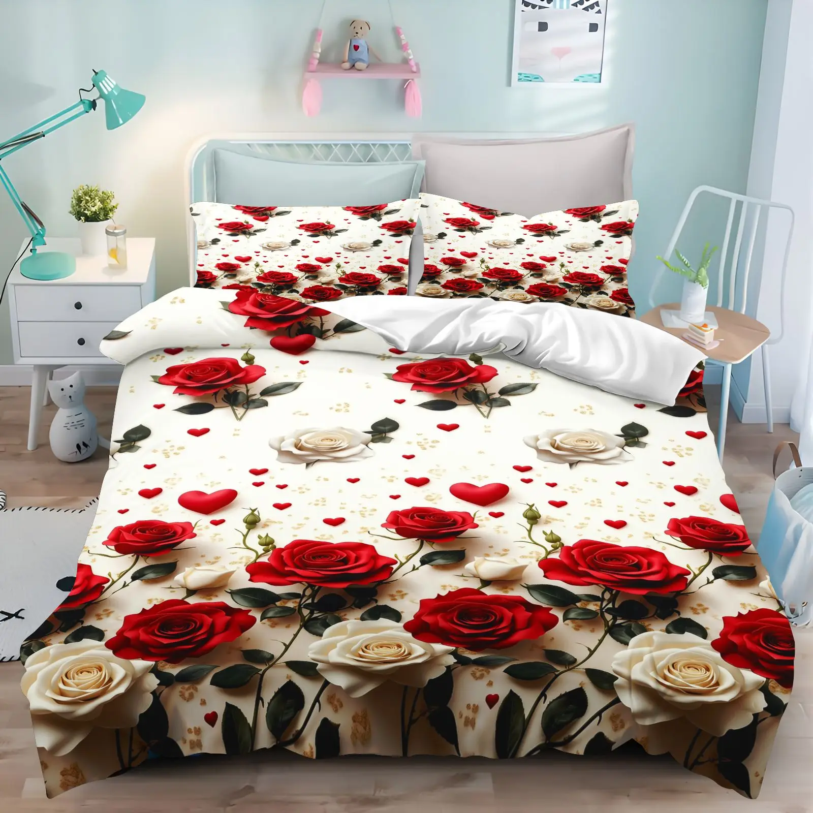 Red White Rose Heart Floral Bedding Set Soft Microfiber Duvet Cover Valentine Wedding Bed Linen with Pillow Cases