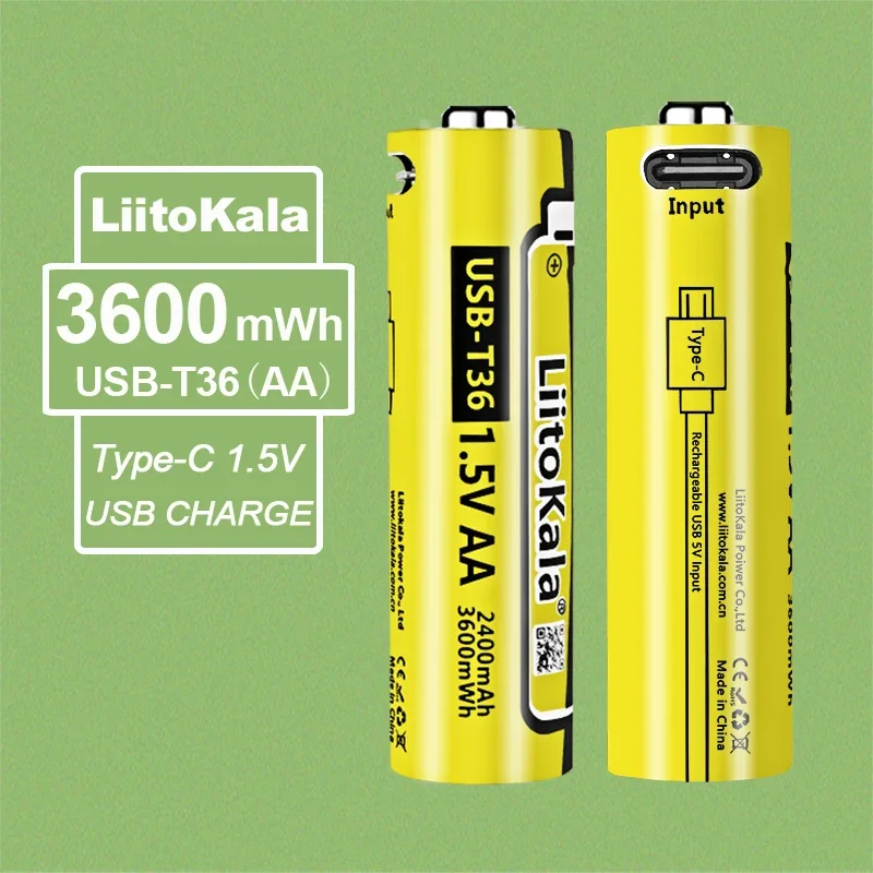 LiitoKala USB-T36 1.5V AA 3600mWh 2400mAh Rechargeable USB Battery, Mouse, Toy, Robot, Microphone, Remote Control