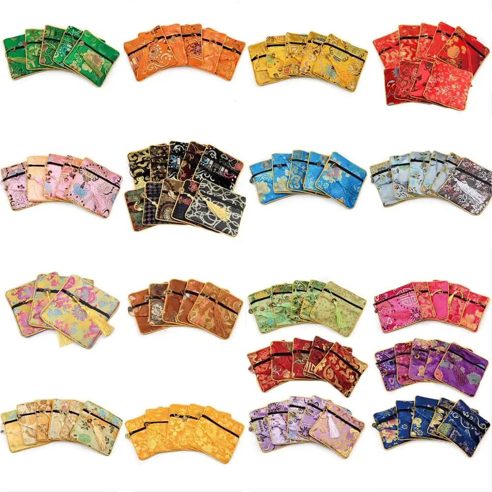 Portamonete in tela con mini ricamo con nappa, drago, ciondolo in contanti in rame, fiore, borsa per imballaggio di gioielli, borsa quadrata per rossetto per trucco