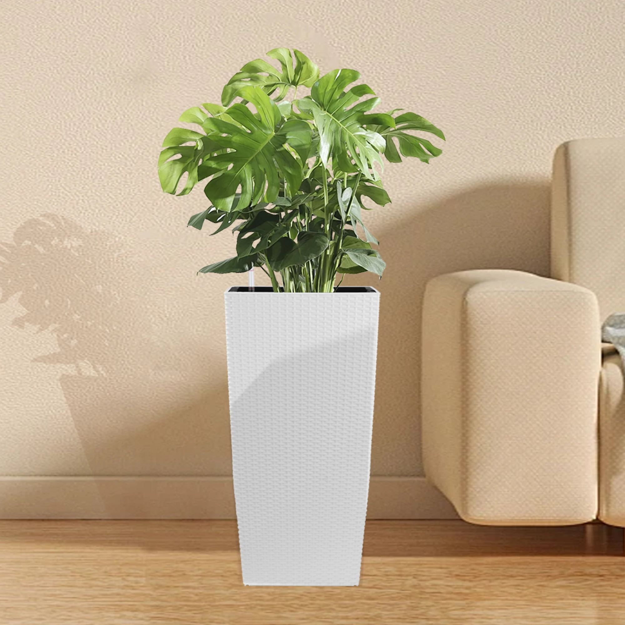 

22.6 inch 2pack Modern Faux Rattan Design Square Planter White Plastic Large Planter with Automatic Watering System for garden