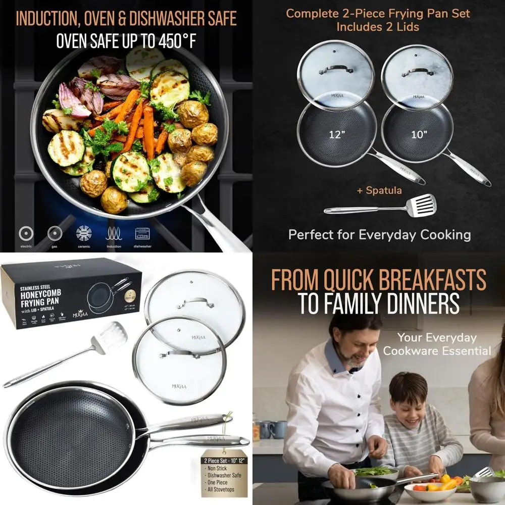 

Honeycomb Nonstick Stainless Steel Frying Pan Set, 2-Piece with Lids, 10 & 12, Oven and Induction Safe, Dishwasher Friendly