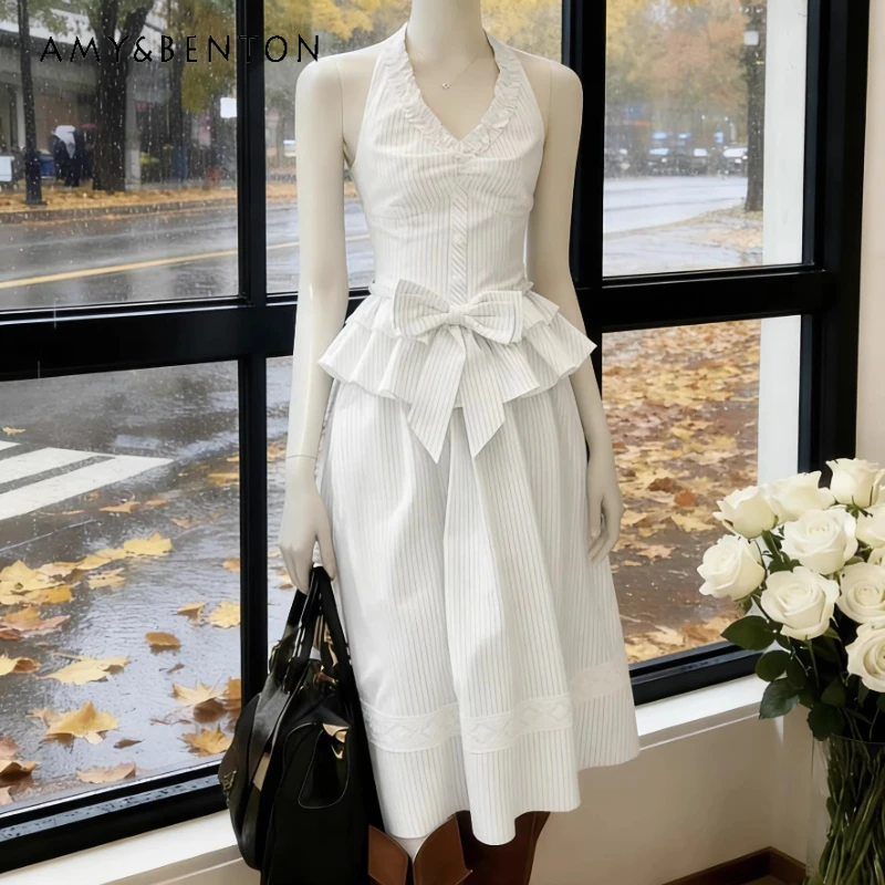 

Women's Skirt Set 2026 Summer New Bow Ruffle Sleeveless Halter Top French Design Versatile Long Skirts Two-piece Sets Ladies