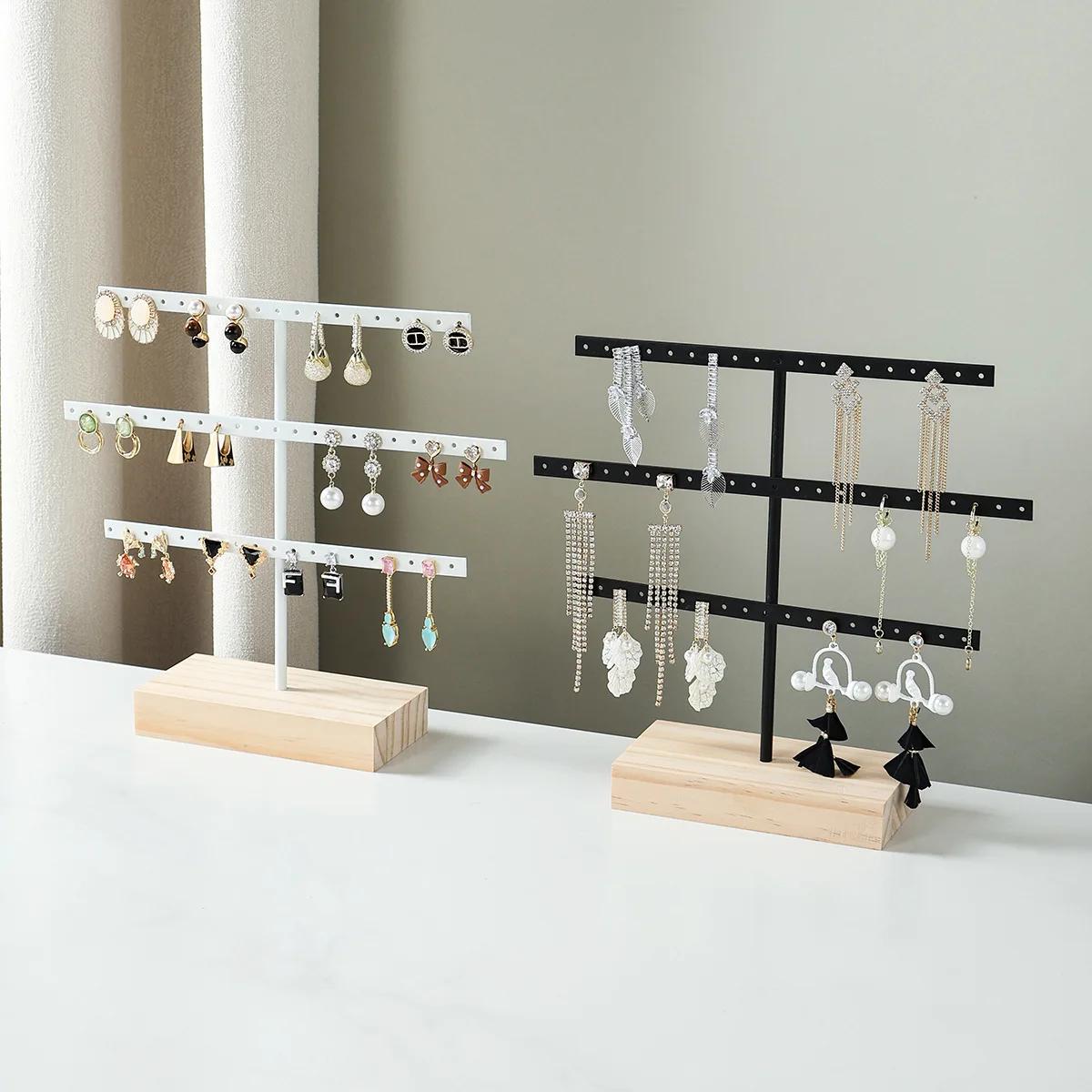 52 Holes Earrings Display Stand Metal Necklace Bracelet Anklet Stud Earring Jewelry Storage Rack Holder With Wooden Base