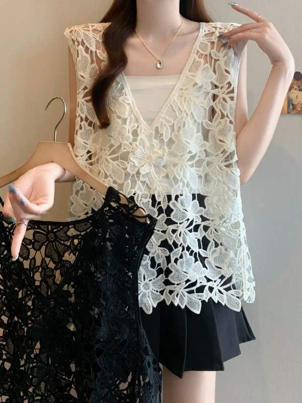 تفريغ الدانتيل هوك تصميم المرأة تانك القمم الصيف فضفاضة حجم كبير طبقات غير النظامية Svel V-Ne تنفس رقيقة
