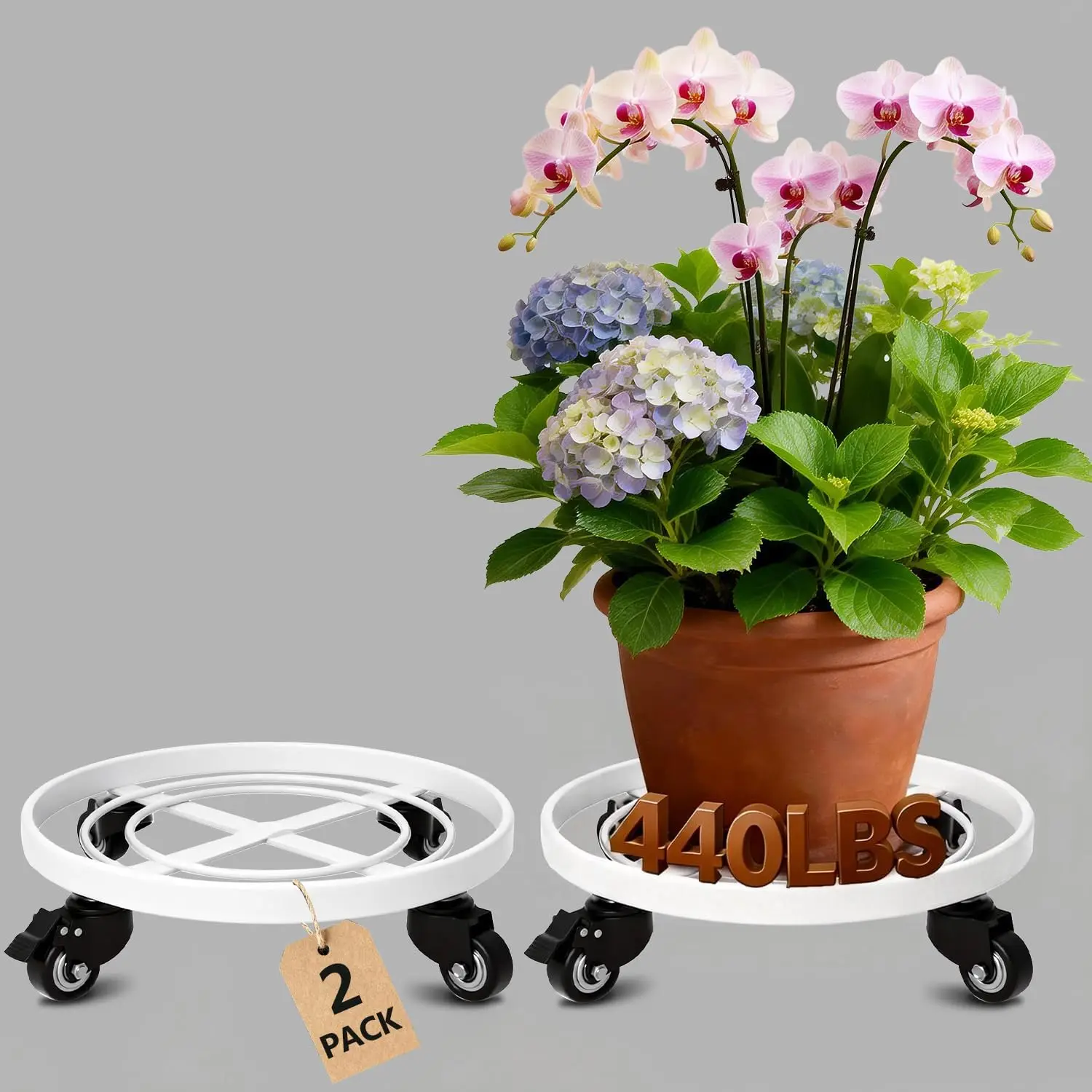 

Прочная передвижная подставка для растений с блокирующимися колесами, грузоподъемность 440 фунтов, тележка для переноски растений для использования внутри и снаружи помещений