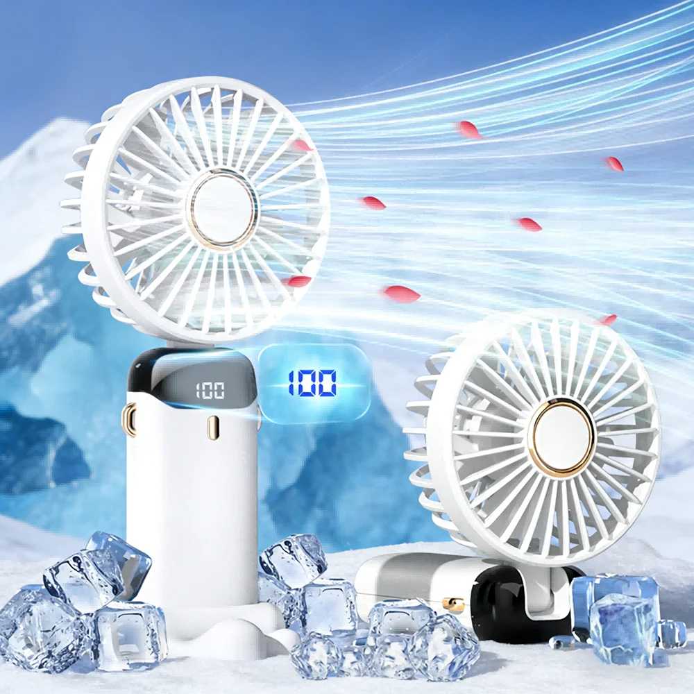 5 Speed Handheld Neck Fan with LED Display, 1200mAh Rechargeable, 90° Foldable Phone Stand, Portable USB Fan for Travel Home