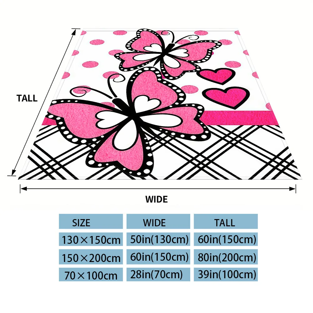 Pink Butterfly Checker Mix Flannel Luxury Blanket, Lightweight And Comfortable Woolen Blanket, Ultra-Fine Fiber