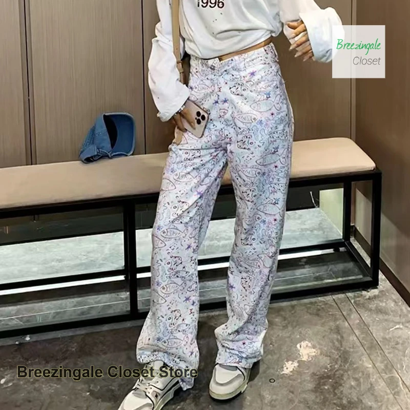 American ins graffiti full printed flower jeans women's spring and summer new fashion design high waist loose wide-leg pants