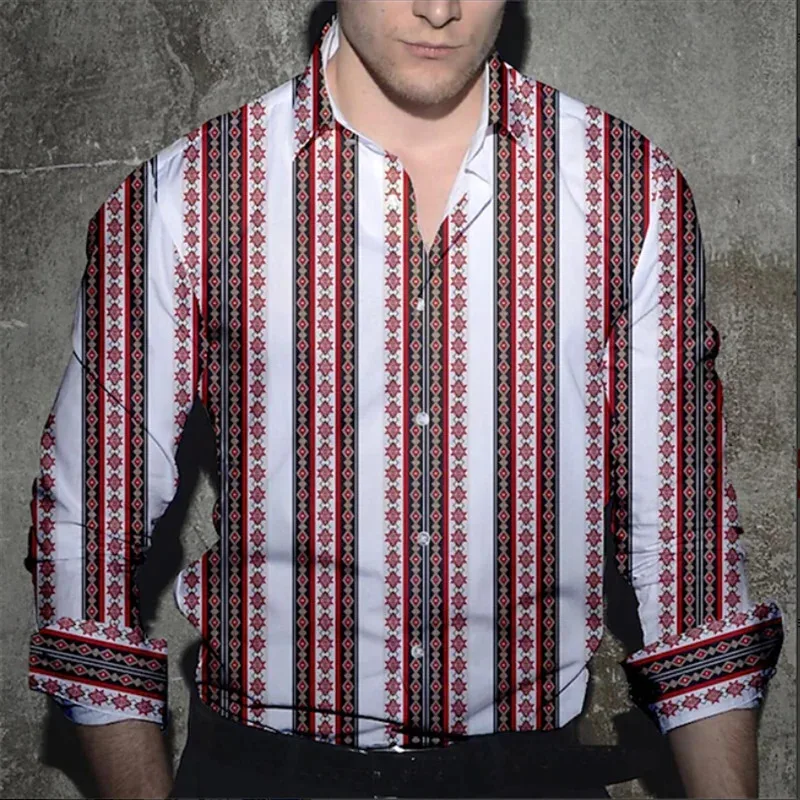 Vintage Hawaiian Men's Shirt Ethnic 3D Flower Print Long Sleeve Top Casual Fashion Loose Men's Suit