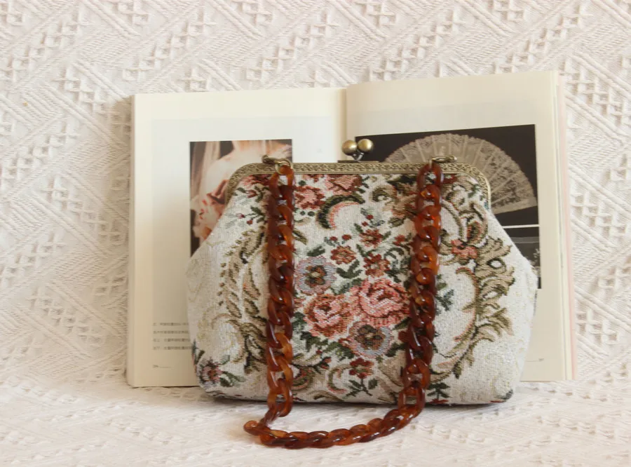 Lost in Vinatge-Pochette en Résine à Motif Floral, Porte-Monnaie avec Long Bracelet JOStrap, Cadre D.lique localité, Serrure Kd'appareils, Sac de Soirée Polyvalent