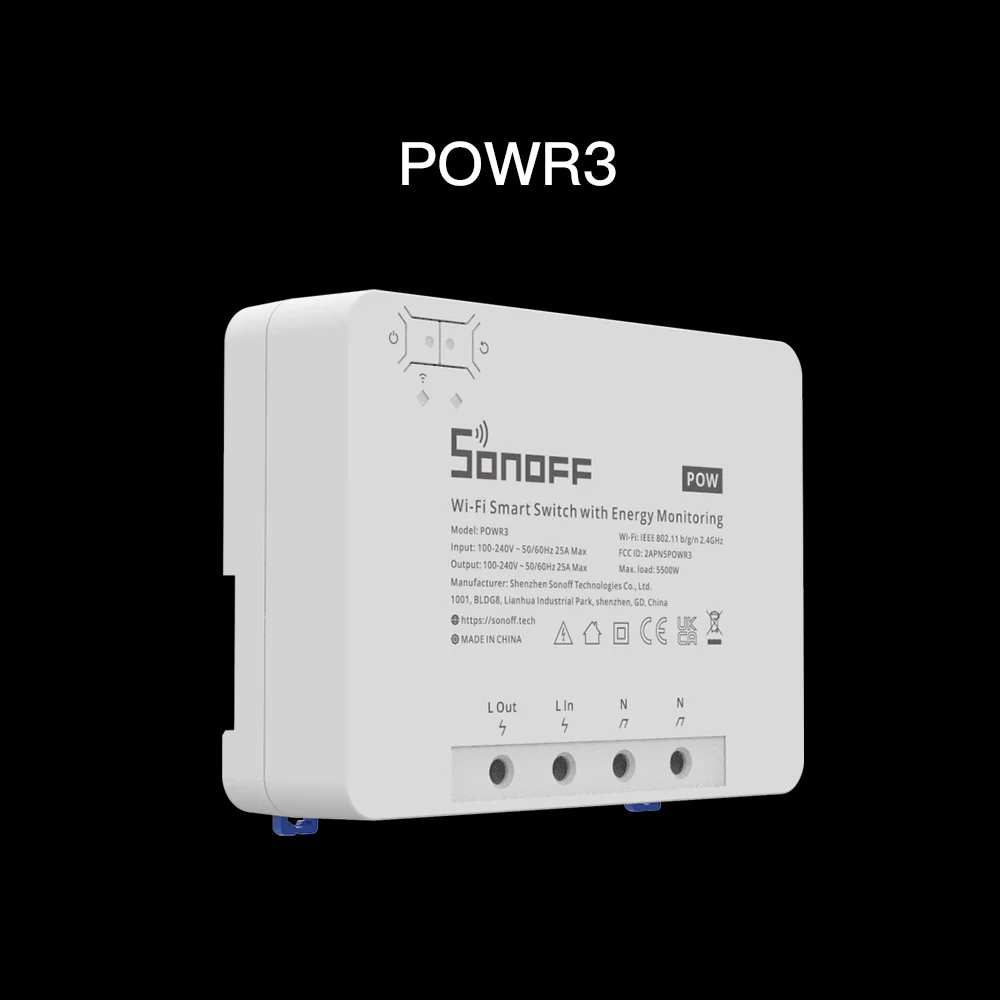 Интеллектуальный переключатель Wi-Fi SONOFF POWR3 25 А с мониторингом энергии, высокая мощность 5500 Вт, отслеживание энергопотребления в реальном времени, защита от перегрузки Интеллектуальный переключатель Wi-Fi SONOFF POWR3 25 А с мониторингом энергии, высокая мощность 5500 Вт, отслеживание энергопотребления в реальном времени, защита от перегрузки