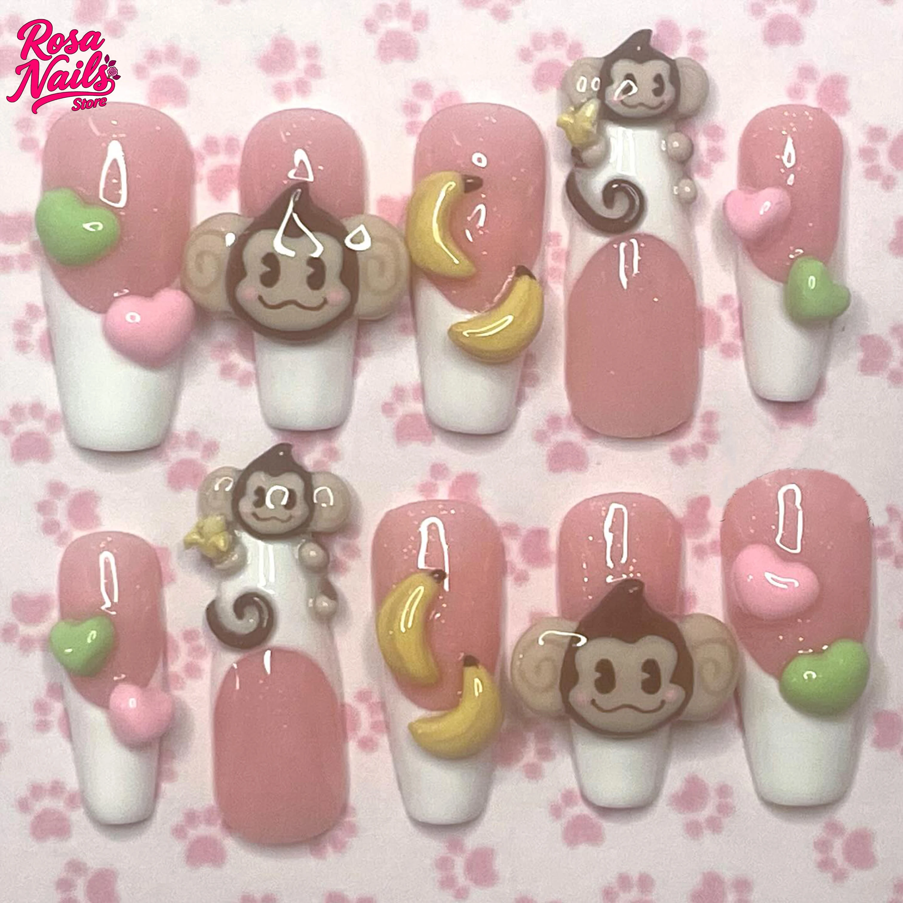 

10pcs Press on Nails Handmade French Tip Monkey 3D Hand Sculpted Acrylic Nail Long Medium Coffin Nail Cute Kawaii Monkey Nails