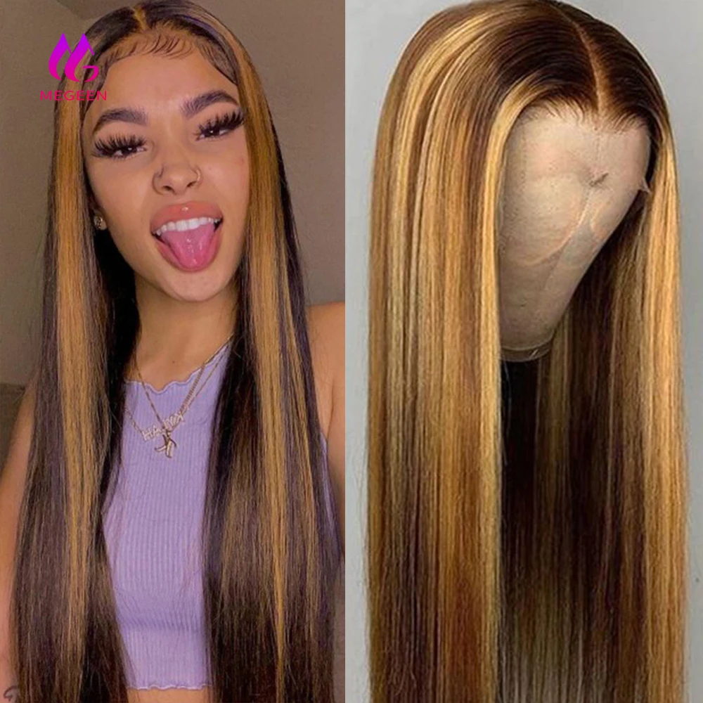 

Megeen 100% Human Hair P427 Colored Straight 13X4 Lace Front Wig Human Hair Highlight Pre Plucked Honey Blonde Lace Front Wig