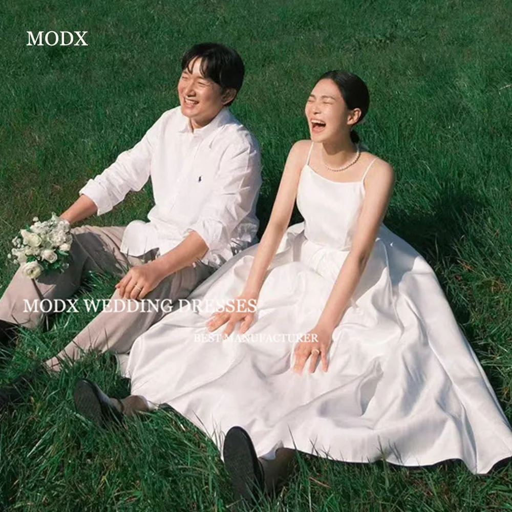 

MODX Simple White A Line Ankle Length Wedding Dresses Spaghetti Straps Silk Satin Bridal Gowns Corset Back Formal Bride Custom