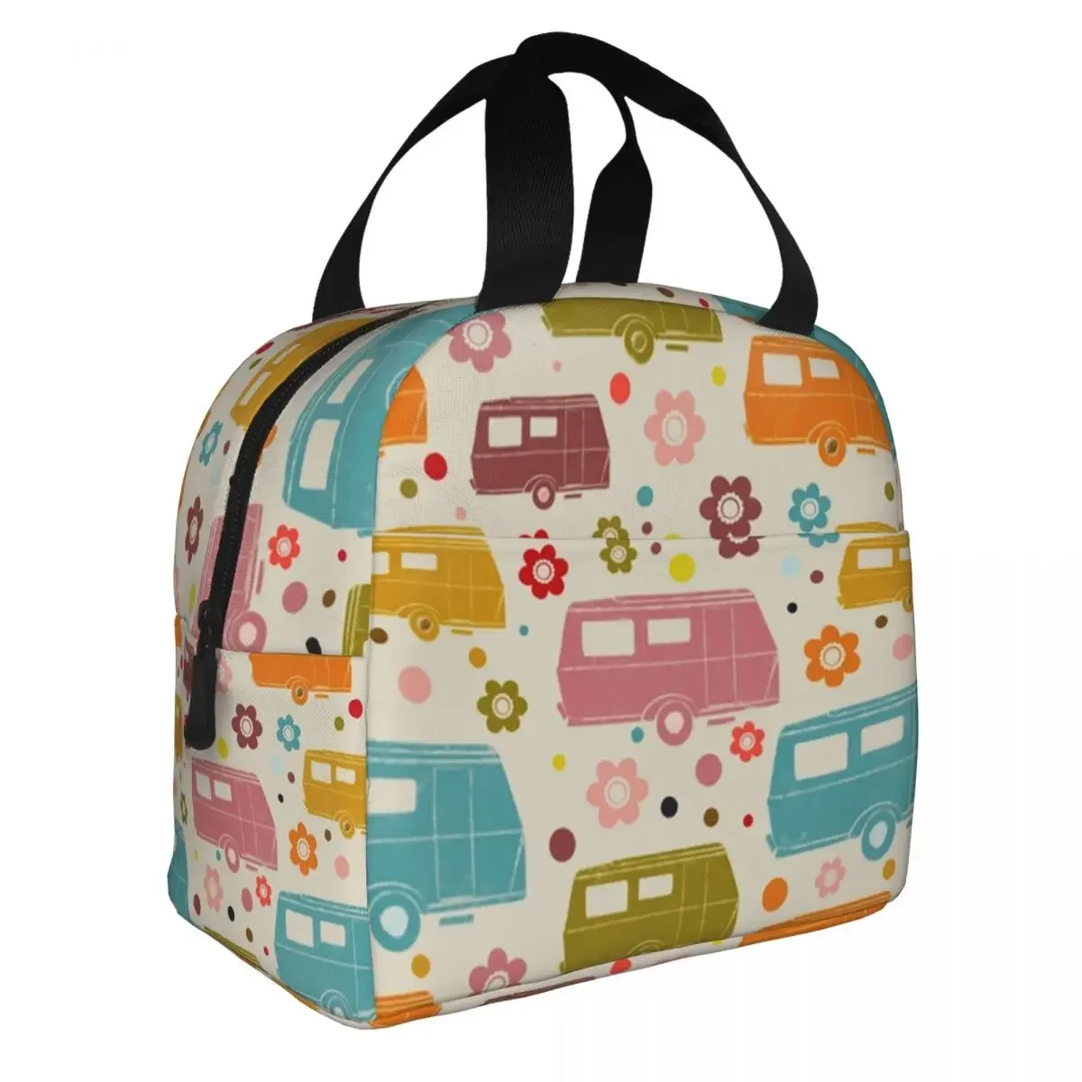 Colourful Vintage Caravans And Flowers Pattern Thermal Insulated Lunch Bags Women Happy Campers Portable Lunch Tote Food Box