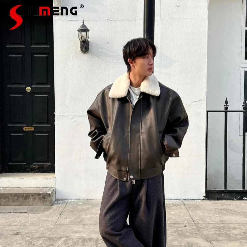 

Men's 2025 Winter New Long Sleeve Lapel Motorcycle Jackets Men's PU Leather Parkas Warm Loose Comfort Fashion Faux Leather Coats