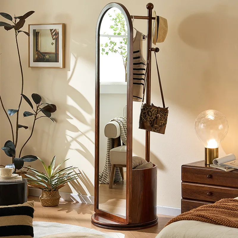 

Mid-Century Vintage Solid Wood Coat Rack Designer Style with Mirror Multifunctional Storage for Homestay Hotel
