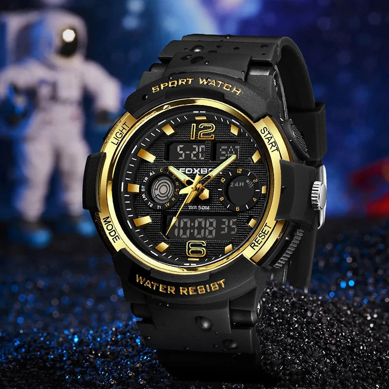 FOXBOX Electronic Quartz Man Watch Fashion Casual Sport Silicone Waterproof Luminous  Auto Date Dual Digital Watches for Men+Box