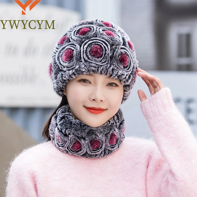 Winter Knitted 100% Natural Fur Hats Scarves Sets Women Warm Real Rex Rabbit Fur Hat Scarf Lady Fashiom Thick Rex Rabbit Fur Hat