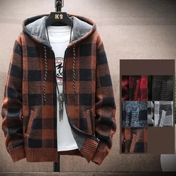 Men's Fleece Warm Cardigan Plaid Sweater Hooded Winter Clothes Korean Knit Coat Full Zip Cardigans Jacket Fashion Jumper