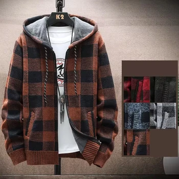 Männer Fleece Warme Strickjacke Plaid Pullover Mit Kapuze Winter Kleidung Koreanische Stricken Mantel Full Zip Strickjacken Jacke Mode Jumper