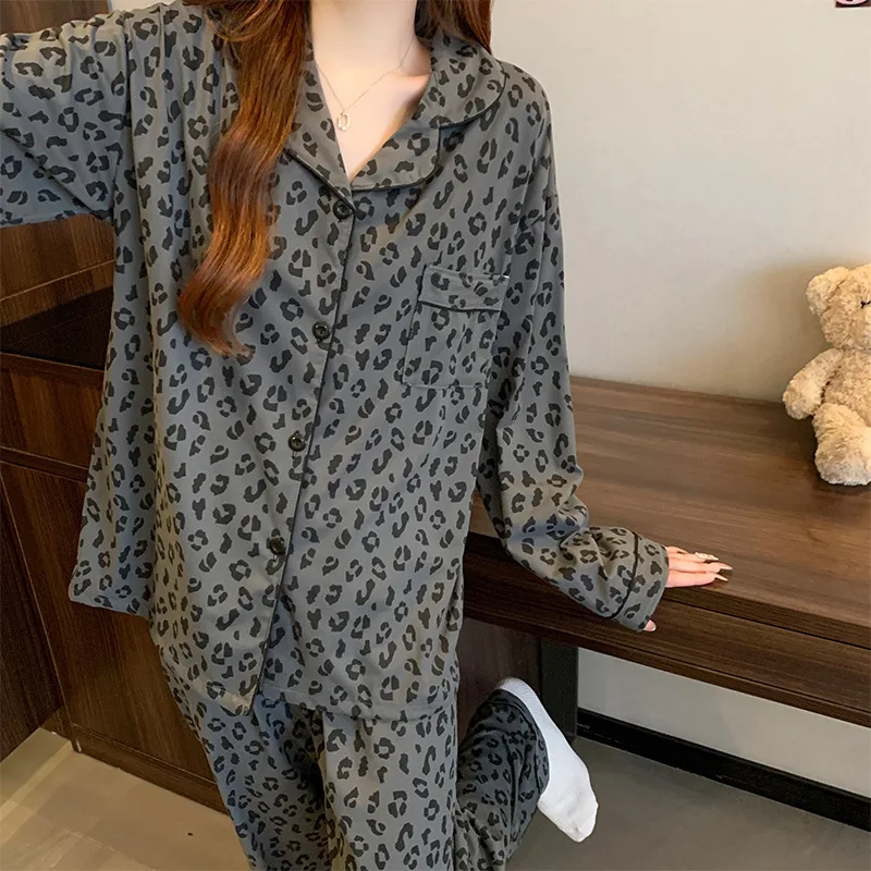 Korean-Style Grey Leopard Print Pyjamas for Women Spring New Arrival Minimalist Cotton-Like Long-Sleeved Cardigan Loungewear Set image 4