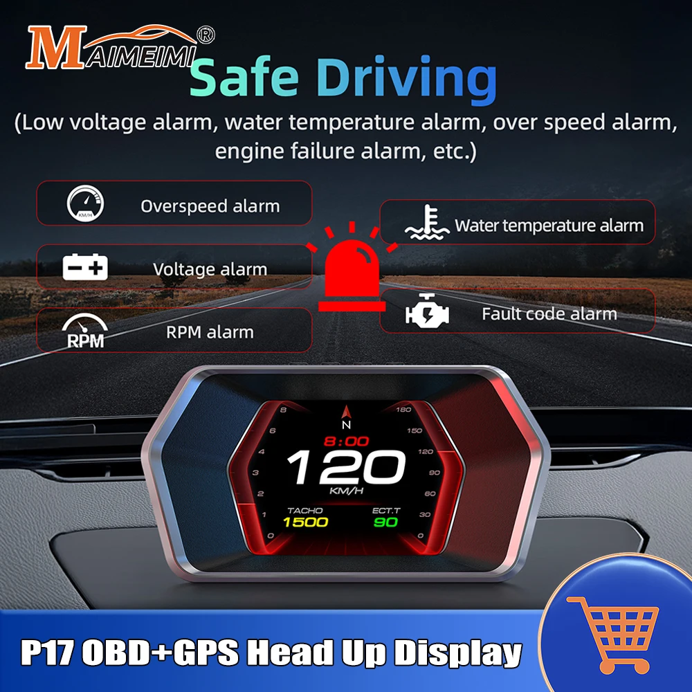 P17 HUD Head Up Display Car Display OBD2 GPS On-board Computer Digital Speedometer Voltage Water&Oil Temp Gauge Auto Electronics