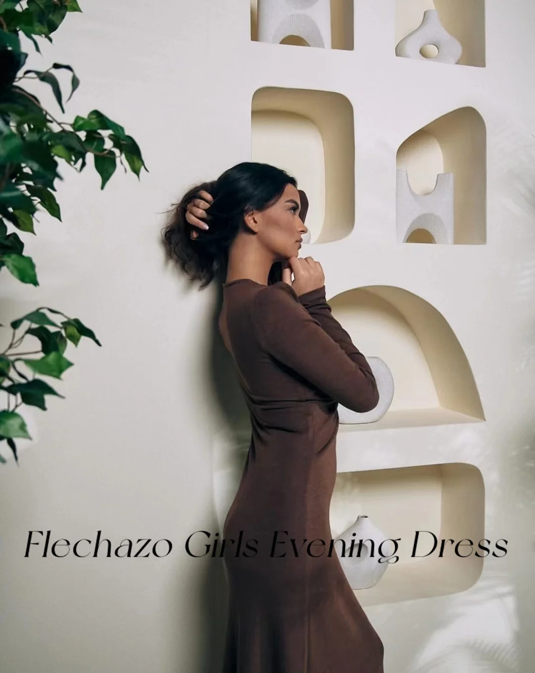 Flechazo Brown Evening Dresses Long Sleeves Special Style Ruched Tiered Party Simple Elegant Dress For Women 2024 فساتين السهرة