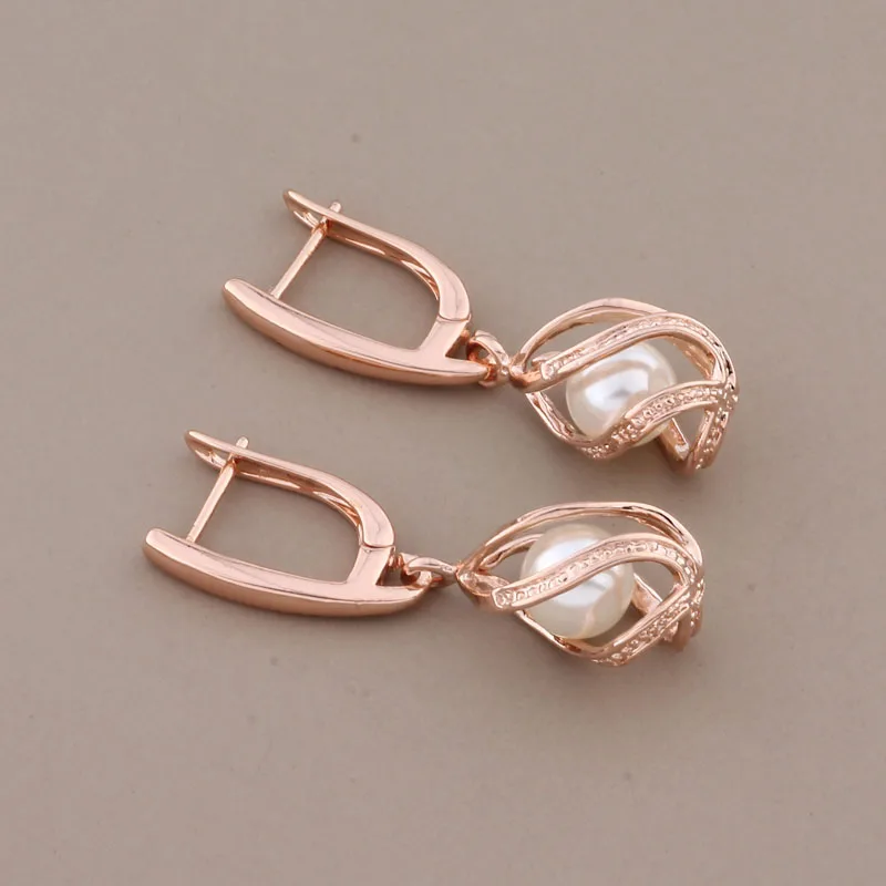 Pendientes colgantes para mujer, aretes de perlas de boda de Color oro rosa, joyería diaria de alta calidad, 585