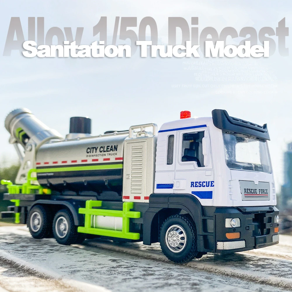 

Alloy Sanitation Truck Model 1/50 Diecast Engineering Car City Anti-Smog Sound Light Spray Cleaning Vehicle Children Boys Car