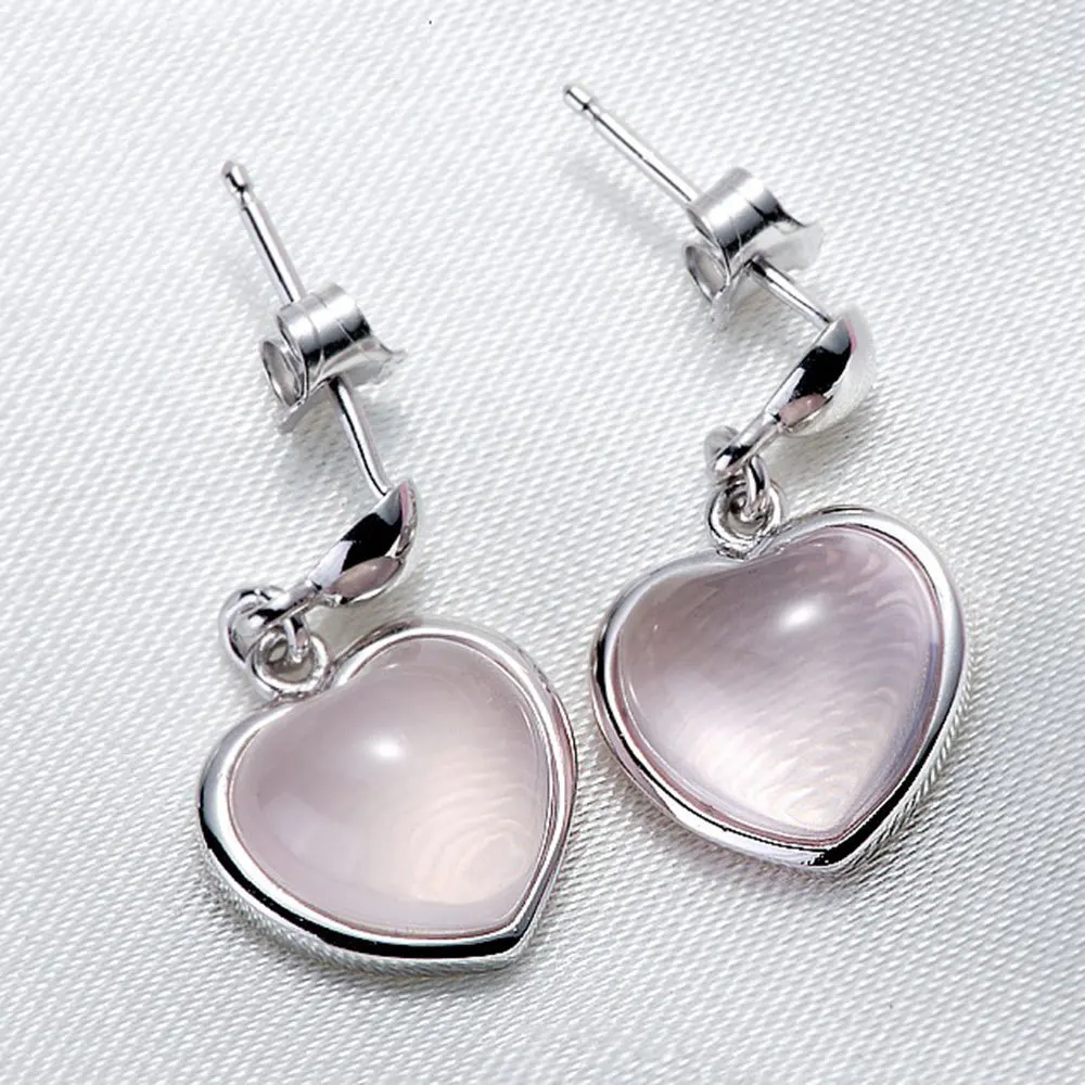 925 stamp silver color Earrings Natural Stone Pink Crystal Heart Dangle Earrings For Women oorbellen